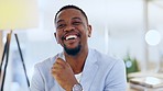 Confidence, happy and face of a businessman with a leadership mindset sitting in his office. Happiness, smile and portrait of African male corporate executive ceo or entrepreneur in modern workplace.