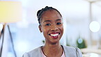 Face, smile and mindset with a business woman in the office, looking happy on a blurred background. Portrait, vision and professional with an african female employee standing alone in the workplace 