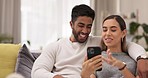 Phone, happy and couple on sofa in home for bonding, quality time and relaxing in living room. Interracial relationship, love and man and woman on smartphone for social media, internet and website