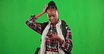 Phone, green screen or black woman tourist searching for map location on digital gps with studio background. Traveling compass, lost directions or confused African girl hiking on adventure journey