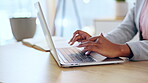 Hands typing, laptop and business in office for research, email or online report. Computer, professional and black woman writing on keyboard, internet browsing or web scrolling on pc for social media