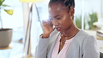 Black woman, headache and pain in business office, tired or fatigue after working. Mental health, migraine and professional person with anxiety, depression or burnout, exhausted or workplace stress.