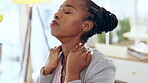 Business, black woman and neck pain in office, injury or muscle problem while working. Professional, burnout and female person with fatigue, stress or fibromyalgia, arthritis or joint inflammation.