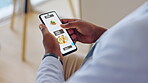 Cellphone screen, hands and online shopping for food in office, ordering or web browsing for choice. Internet, phone app and website scroll for lunch notification on ecommerce menu with black man.
