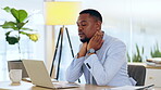 Business, black man and neck pain in office, injury or muscle problem while working on laptop. Professional, burnout and person with fatigue, stress or fibromyalgia, arthritis or joint inflammation.