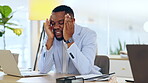 Headache, laptop and business with black man in office for stress, burnout and mental health. Tired, frustrated and migraine with male employee in corporate agency for worry, fail and fatigue