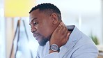 Black man, business and neck pain in office, injury or muscle problem while working in workplace. Professional, burnout or person with fatigue, stress or fibromyalgia, arthritis or joint inflammation