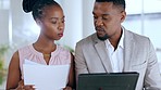 Ideas, tablet and teamwork, black man and woman with paperwork for proposal working on startup project together. Discussion, opinion and coaching, worker with manager for training or collaboration.