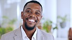African business man, face and smile in office with confidence, motivation and happiness at startup. Ceo, black businessman and happy in portrait at corporate workplace for entrepreneurship vision