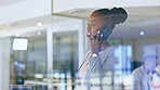 Phone call, business and black woman talking in office, speaking or conversation with contact by window. Cellphone, professional and female person in discussion, chatting or networking in workplace.