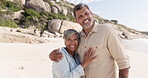 Senior couple, beach and hug portrait with a smile while happy on summer vacation or holiday. Old man and woman laughing at sea for love, care and fun or happiness outdoor for travel in retirement