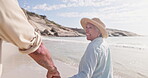 Senior couple, running and holding hands on beach while laughing on summer vacation or holiday. Old man and woman together at sea for love, care and fun or happiness outdoor for travel in retirement