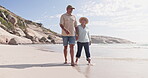 Love, beach and senior couple walking by the sea or ocean on vacation or holiday in Cape Town in conversation together. Travel, man and old woman lovers walk and talk enjoying retirement on the coast