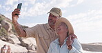 Senior couple, beach and peace selfie while happy on summer vacation or holiday. Old man and woman together for love, care and fun or happiness outdoor for travel memory or picture in retirement