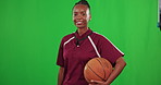 Portrait, basketball and a woman coach on a green screen background for sports, fitness or training. Exercise, workout and health with an african female athlete holding a ball on chromakey mockup