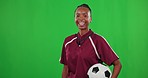 Soccer, coach and face of black woman in green screen studio for with ball for sport, fitness and training. Portrait, personal trainer and lady happy for workout or game practice on mockup background