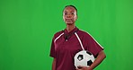Soccer, coach and black woman face in green screen studio for with ball for sport, fitness and training. Portrait, personal trainer and lady ready for workout or game practice on mockup background