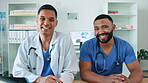 Doctor, men and portrait for online consultation with nurse talking healthcare, medicine and insurance. Male workers wave in hospital for professional care, video call or webinar for remote advice