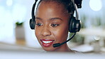 Black woman, call center and talking in office for telemarketing, customer service or support. Contact us, sales agent and business person or African consultant in discussion and crm on computer.