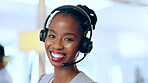 Face, smile and black woman in call center for telemarketing, customer service and support. Portrait, sales agent and happy consultant, employee or African female professional consulting online.