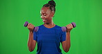 Happy woman, dumbbell and workout on green screen in strong power, wellness exercise and bodybuilding strength. Portrait of black female, fitness and training with weights of health, sports or muscle