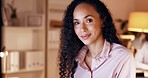 Face, smile and business woman at night in office for online project, proposal or deadline. Portrait, smile and empowered female excited, confident and inspired while working late on career goal plan