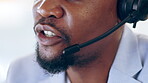 Call center, face and black man talking for telemarketing, customer service or support in office. Contact us, sales agent and mouth closeup of business person or African consultant in discussion.