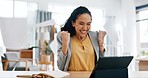 Business woman, celebration and throwing paperwork for promotion, success or winning at office desk. Happy female employee in joy for win with documents in completion, finished or done at workplace