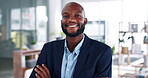 Happy black man, face and smile in business confidence with arms crossed for career ambition or success at office. Portrait of confident African American businessman smiling for corporate goals