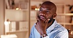 Thinking, serious black man and night working of a business employee at a computer. Office, brainstorming and website reading of a employee planning with tech data for IT work at technology company