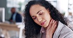 Business woman, stress and neck pain from burnout, overworked or muscle tension at the office. Tired and stressed female suffering from bad ache, strain or fatigue and discomfort at the workplace