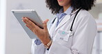 Medical, doctor and tablet with hands of woman for research, website or digital results. Healthcare, medicine and technology with female reading information for test report, internet or connection