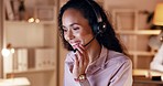 Telemarketing, smile and woman working on customer support and consulting at night. Office, employee and online networking of a female in a consultant and call center conversation at company