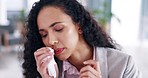 Sick, blowing nose and business woman in office with virus, allergy and flu. Tissue, health issue and employee at a desk with illness feeling fatigue from infection at a company with covid symptoms