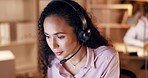 Telemarketing, business and woman working on tech support and consulting at night. Office, employee and online networking of a female in a consultation and call center conversation at company