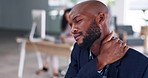 Black man, neck pain and business stress in burnout, fatigue or overworked at the office. Tired and exhausted African American businessman suffering from bad strain, discomfort or ache at workplace