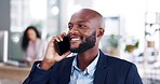 Business, happy man and phone call on cellphone in startup office for communication. Black male employee talking on smartphone, conversation and mobile consulting for contact, networking and planning