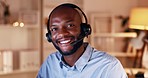 Customer support, smile and face of black man at night working for consulting, help and service. Business, call center and portrait of male consultant for crm contact, assistance and communication