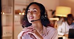 Telemarketing, night working and happy woman at a computer ready for call center work. Smile, customer support and CRM worker with a online consultant job with happiness at a company office desk