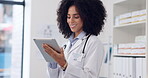 Happy, doctor and tablet with woman in hospital for research, website or digital results. Healthcare, medicine and technology with female reading information for test report, internet or connection