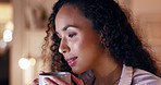 Business woman, coffee and relax employee in a office late at night thinking with ideas. Female, working and corporate work of a worker reading computer data for online planning on company tech