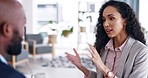 Business people, interview and meeting for corporate hiring, collaboration or partnership at the office. Businessman and woman talking in hire or recruiting process for company growth at workplace
