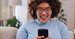 Happy, phone and relax with woman on sofa for social media, internet and text message. Funny, smile and technology with female in living room at home for communication, connection and digital app