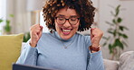 Happy woman with laptop, fist pump and yes to win, winning prize in competition or reward with success at home. Winner, email announcement with celebration, bonus and female cheers for achievement