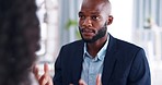 Business people, interview and meeting for corporate recruitment, collaboration or partnership at office. Businessman and woman talking in hiring or recruiting process for company growth at workplace
