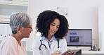 Tablet, consulting and doctor with old woman in office for results, life insurance and medical report. Healthcare, technology and medicine with female and patient for discussion, treatment and help