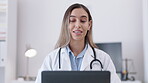 Doctor, laptop and video call with woman in office for telehealth, communication or online meeting. Medical, healthcare and medicine with female consulting on webinar for advice, appointment and help