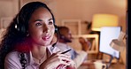 Telemarketing, relax and woman working on customer support and consulting at night. Office, employee and online networking of a female in a consultant and call center conversation at company