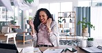 Business woman, celebration and throwing paperwork for success, winning or promotion at office desk. Happy female employee in joy for win with documents in completion, finished or done at workplace