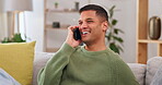 Man, laughing and hello for talking with phone call in living room, communication or networking to chat on sofa. Happy male person, smartphone and smile for mobile conversation, contact or connection